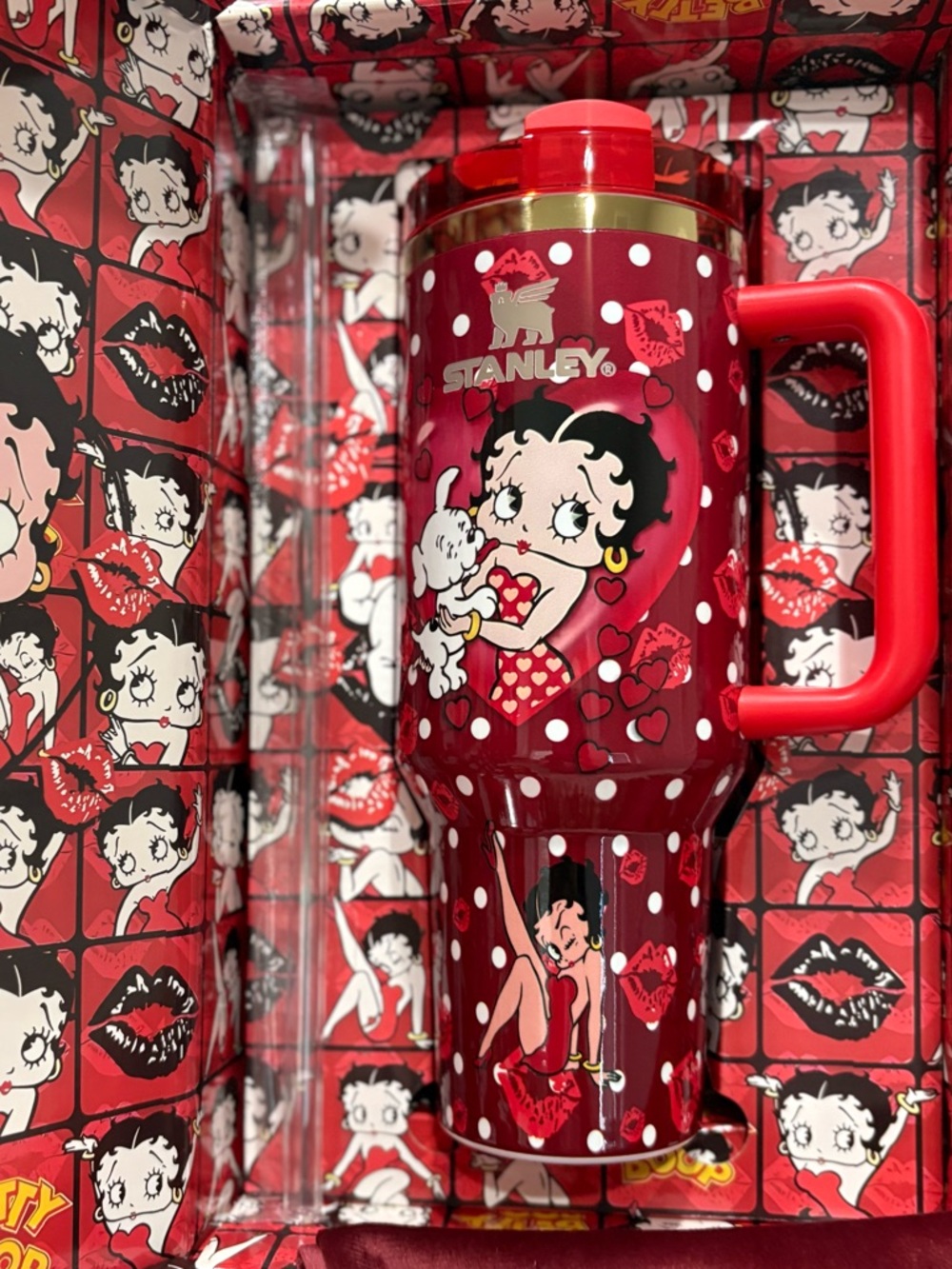 Customized Stanley Red and White Betty Boop Travel Mug with Red Handle - Picture 2 of 2
